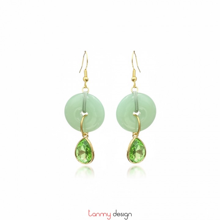 Green coin-shaped earrings with green crystal beads